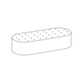 Rectangular ottoman, light fabric, quilted texture with circular indentations, cushioned form, simple design against a white backdrop.