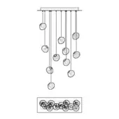 Chandelier line drawing, metal frame, eleven oval shades with cage-like texture, detailed inset of woven wire construction, labeled “11.rect”.