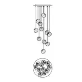 Chandelier line drawing, black and white, eleven spherical glass orbs in openwork metal cages suspended from a horizontal bar, with schematic diagram.