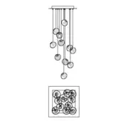 Chandelier line drawing, black and white, cascading spherical glass orbs suspended from thin wires, minimalist modern design, inset frontal view.