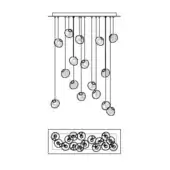 Linear chandelier black and white drawing, sixteen caged orbs in descending size, with technical diagram below, minimalist design.