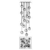 Chandelier with black wireframe, sixteen spherical glass orbs, square base, rectangular ceiling mount, minimalist linear design.