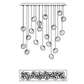 Chandelier line drawing, black cords with spherical wireframe cages, asymmetrical tiered arrangement, minimalist modern design schematic.