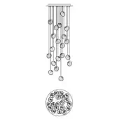 Chandelier technical drawing, circular canopy with twenty-three spherical glass orbs in dark metal frames, varying lengths, schematic illustration.