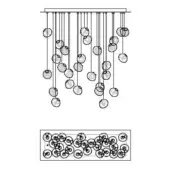 Chandelier, linear design, technical drawing; black rods with spherical glass orbs, irregularly spaced, white background, schematic view.