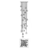 Chandelier line drawing, black and white, square canopy with cascading vertical rods and spherical glass orbs, detailed bottom plate.