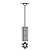 Pendant light, matte black finish, rectangular body with vertical slats and circular rosette detail, minimalist design, studio lighting.