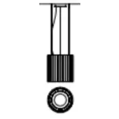 Ceiling light fixture, black and white line drawing, cylindrical housing with ribbed texture, circular mounting plate, minimalist industrial design.