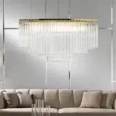 Lavish DV Home Collection Hermes suspension lamp with multi-tiered rectangular form and 24kt gold finish crafted in Italy with natural crystal pendants