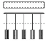 Chandelier with five pendant lights, rectangular shades, metal bar, vertical slats, white background, studio lighting, geometric design.