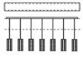 Linear LED fixture, black metal bar, six rectangular modules with vertical slats, minimalist design, studio shot, white background.