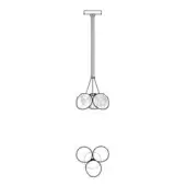 Pendant light, black and white line drawing, cluster design with three spherical shades and central vertical rod in triangular arrangement.
