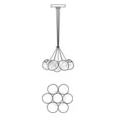 Modern chandelier black line drawing, spherical cage lights suspended from rectangular mount, with isolated sphere arrangement below.