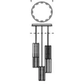 Wind chime with dark gray metal cylinders and rectangles suspended from a circular disc, featuring a minimalist linear design and textured finish.