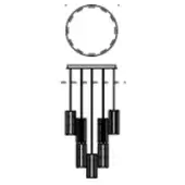 Chandelier, black metal, circular canopy with tiered rectangular components descending from slender rods in a minimalist geometric arrangement.