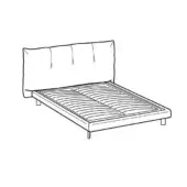 Queen bed Papilo Cloud sketch, black ink on white, rectangular tufted headboard, slatted base, cylindrical legs, modern design.