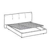 Papilo king bed, upholstered headboard, vertical tufting, box frame, slatted base, open storage, minimalist design, technical illustration.