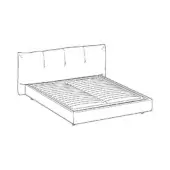 Papilo king bed line drawing, black and white, rectangular headboard with tufting, low profile box frame, slatted platform, white background.