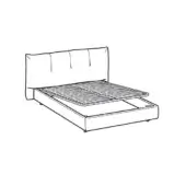 Queen bed with upholstered headboard, rectangular form, vertical stitching, drawer extending from platform base, slatted wood detail.