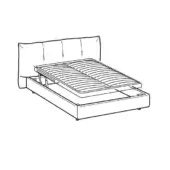 Queen bed with black line drawing, rectangular headboard, vertical panels, cushioned top, lifting platform, slatted base, recessed feet.