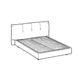 Queen bed sketch, upholstered headboard, rectangular shape with vertical tufting, low profile frame, slatted base, minimalist design.