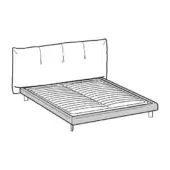 King size bed, black and white sketch, upholstered headboard with vertical stitching, low platform frame, minimalist design, slatted base.