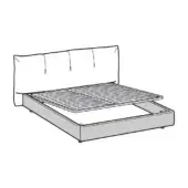 Bed frame black and white drawing, platform design with slatted base, integrated storage, rectangular headboard, minimalist aesthetic.