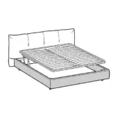 Lift-up bed frame, black and white line drawing, rectangular headboard with vertical pleats, storage compartment, slatted base, rounded edges.