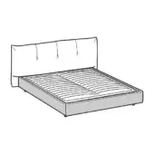 Bed with upholstered headboard, black and white line drawing, quilted vertical stitching, platform base, slatted mattress, rounded feet.