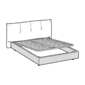 Queen box bed with upholstered headboard, lift-up storage, slatted base, and rounded corners, shown as a black line schematic drawing.