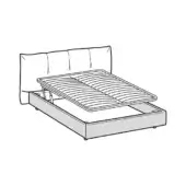 Platform bed grayscale schematic, queen size with lift mechanism, upholstered headboard, slatted base, rounded corners, technical drawing.
