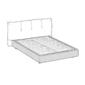 Bed with upholstered headboard, black and white line drawing, vertical tufting, low platform, slatted base, minimalist design.