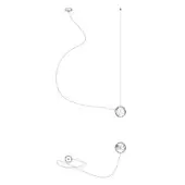 Suspended lighting fixture, white cable, dual spherical lamps, curving design, technical illustration, monochromatic drawing, ceiling mount.