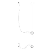 Pendant light fixture line drawing, white background, spherical shade, curved cord, technical illustration, minimalist design, 28.1m.