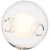 Round wall light, chrome and glass, features dual rings around a textured white globe, mounted on a ridged chrome base against dark green.