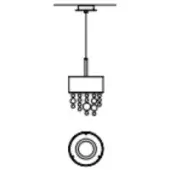Pendant light, polished metal, rectangular base with hanging dark circular elements, technical diagram, minimalist design, mounting hardware shown.
