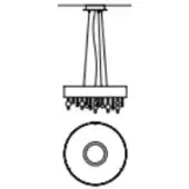 Showerhead technical drawing, black lines on white, rectangular base with dense nozzles, circular mounting plate, side view with cross-section.