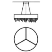 Crystal chandelier with rectangular base and dark metal cables, beside a circular graphic divided into three sections by radiating lines.