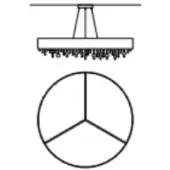 Rectangular showerhead with nozzles above a black and white peace sign graphic, suspended by metal arms from a horizontal bar.