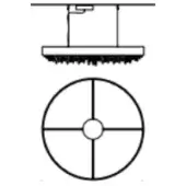 Rain showerhead with textured nozzles suspended above a circular diagram featuring four radial lines, minimalist studio shot.