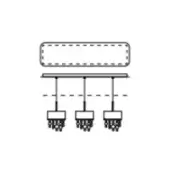 Multi-point lighting fixture schematic with a rectangular bar above three cylindrical pendants, each topped with a rounded cluster of elements.