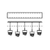 Schematic diagram of five basketball hoops suspended from a gray rectangular structure with dotted outlines, featuring metal rims and white nets.