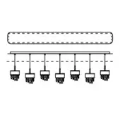 Linear lighting fixture with six cylindrical heads above basketball hoops, schematic diagram, white background.