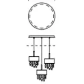 Chandelier schematic, metal line drawing, tiered rectangular fixtures with circular bead detailing, three suspension rods, modern minimalist design.