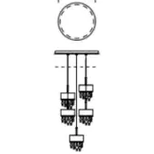 Chandelier line drawing, metal, six-rod design with square lattice fixtures in staggered tiers, technical illustration, product code oc5 rd 60.