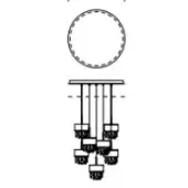 Chandelier schematic, black lines on white, layered radial design with circular mounting plate and descending ornate fixtures, model oc7 rd 80.