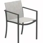 Gray armchair with metal frame, curved silhouette, and light gray woven upholstery, presented in a studio product shot.