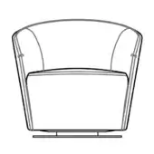 Swivel chair line drawing, metal frame, rounded high back, curved armrests, rectangular cushioned seat, circular base, white background.