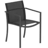 Dark gray mesh armchair with slender metal legs, contoured seat, and squared armrests, presented in a studio product shot.