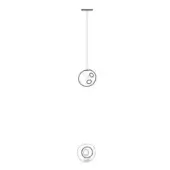 Pendant light, metal, technical drawing, circular shade with three cutouts, minimalist design, white background, vertical suspension rod.